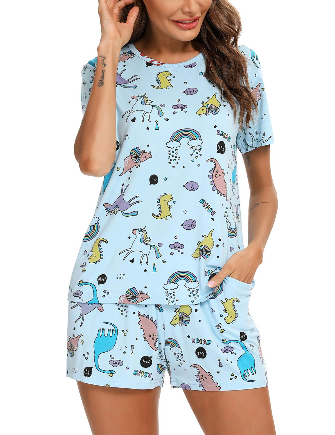 EISHOPEER Women's Pajamas Sets Cute Print Tee and Shorts Sleepwear Pjs Sets 2 Pieces Loungewear