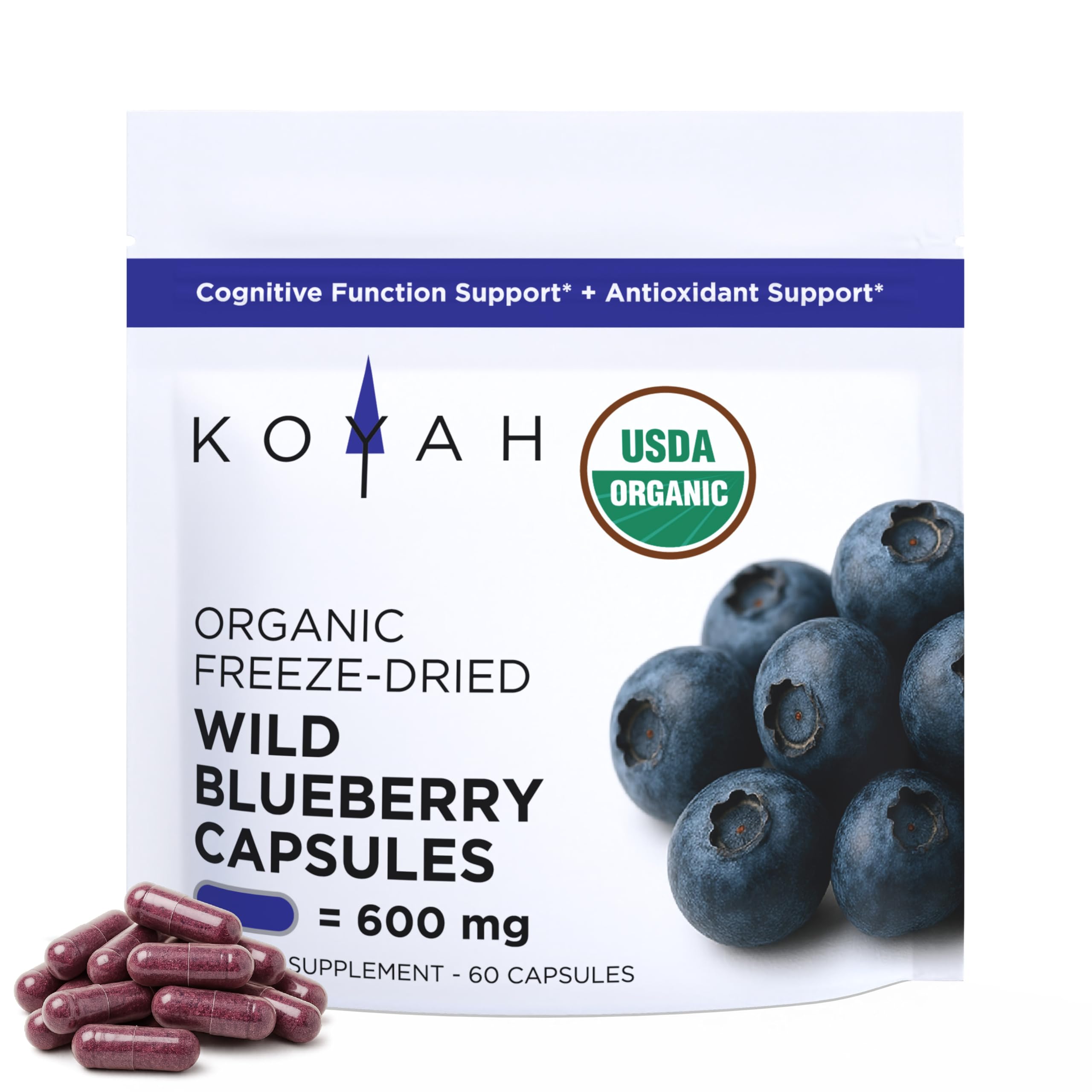 KOYAH - Organic Wild Blueberry Capsules – Freeze-Dried Whole Fruit – 600 mg (3,960 mg Fresh) – Lowbush Variety (Vaccinium angustifolium) - Cognitive Function & Antioxidant Support - 60 CapsulesUSDA Organic