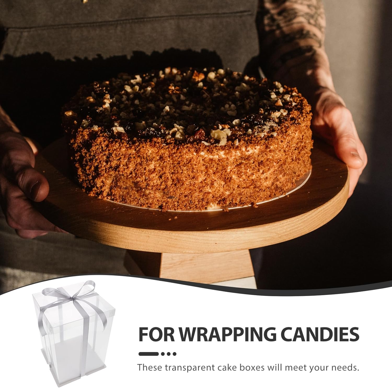 Cabilock 4pcs Transparent Cake Packing Box High-dome Birthday Cake Carrier Ribbon Colors for Storing and Transporting and Desserts