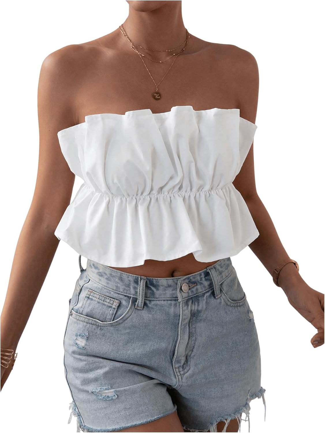 GORGLITTER Women's Strapless Bubble Tube Tops Ruffle Open Back Sleeveless Cute Summer Bandeau Peplum Crop Tops 2025