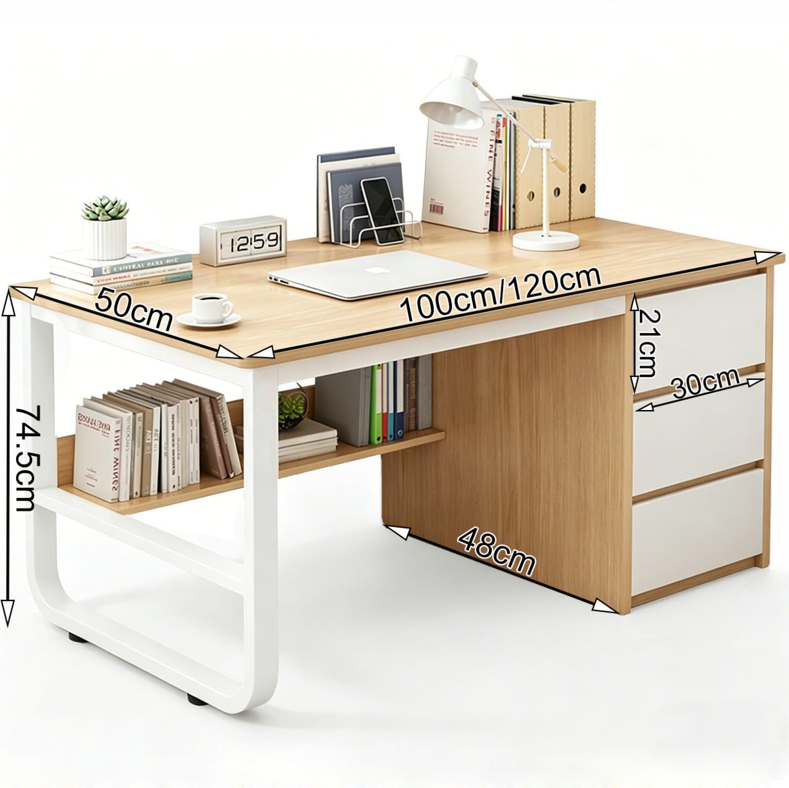 Mesa de Ordenador para Oficina Mesa Escritorio de Madera Estructura Metal con 3 Cajones Estación Trabajo para Teletrabajo, Estudio, Dormitorio, Oficina En Casa A,120CM