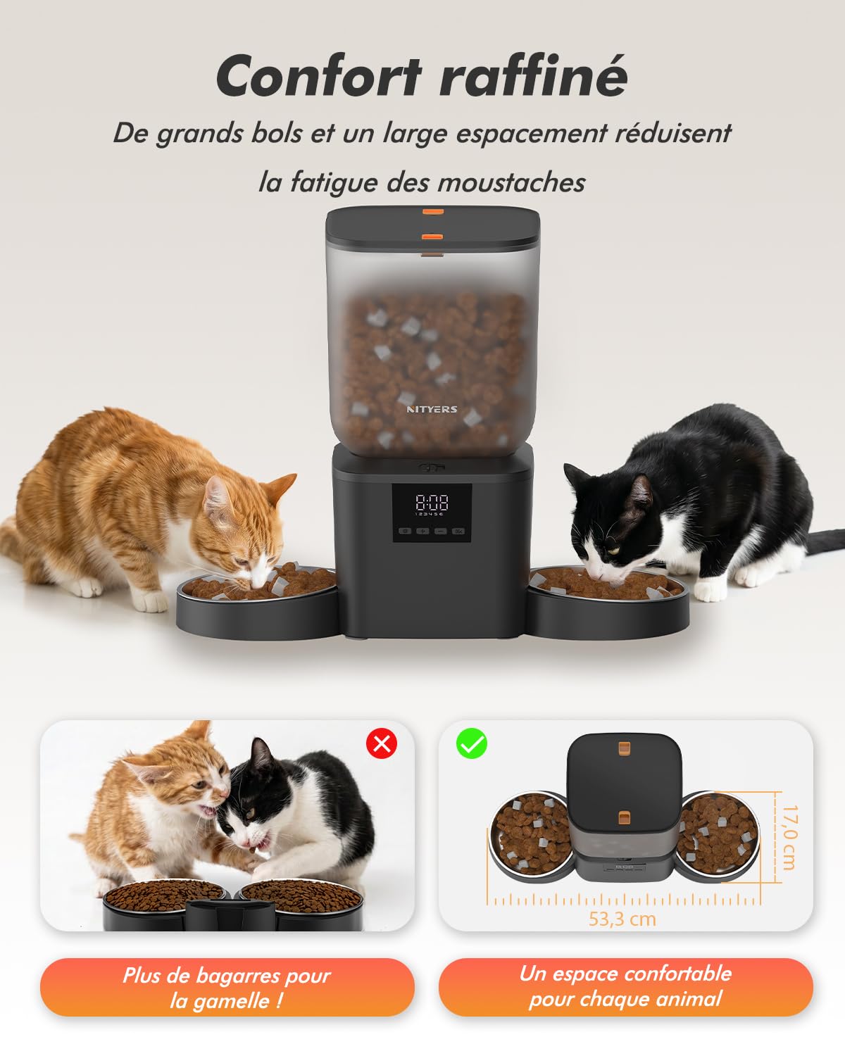 Distributeur Croquettes Chat Automatique 2 Bols, 8L Grande Capacité | Croquettes Jusqu'à 18mm, 2 Bols en Acier Inoxydable, Nettoyage Facile, Idéal pour Chats et Chiens Multiples