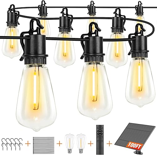 Tira de luces LED solares para exteriores, luces de patio de 50 pies con 25 bombillas Edison vintage ST38 inastillables de 2700 K ST38, regulables,