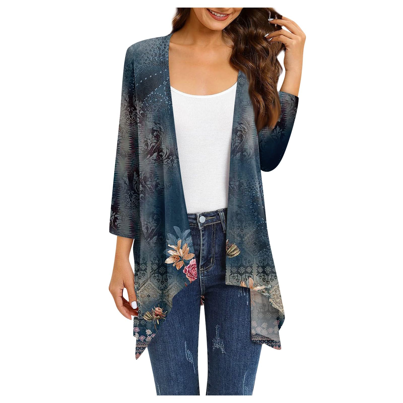 Women's Print Irregular Three-quarter Sleeve Cardigan With Pocket Jacket
