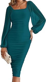 Women's Long Puff Sleeve Ruched Bodycon Dress Square Neck Mesh Cocktail Party Midi Dresses - Buy now