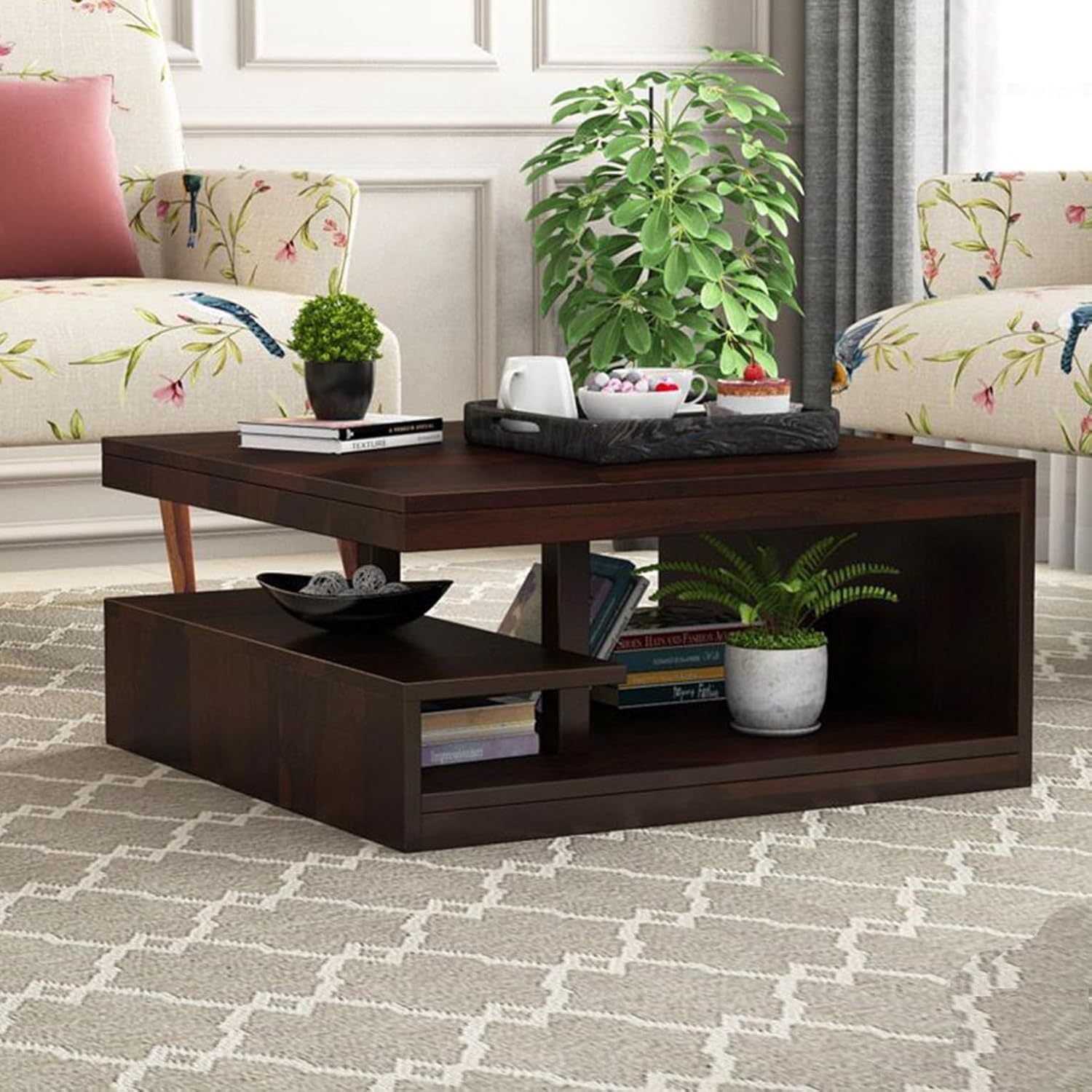 Space Galaxy Wooden Centre Coffee Table for Living Room | Square Center Table for Home and Office | Shelf Storage | Sheesham Solid Wood, Walnut-image-42