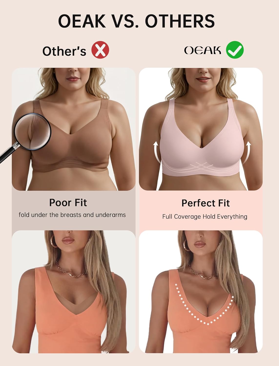OEAK Womens Comfortable Deep V Bras Wireless Push Up Seamless Full Coverage Bralettes Supportive Bra Raceback Tshirt Bras - Image 5