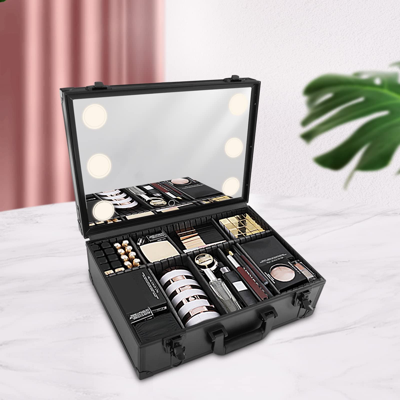 Make-up Koffer mit Lichtern und Spiegel | Großer Organizer mit individuellen Trennwänden | Tragbarer Kosmetikkoffer mit 6 LED-Lichtern und 2000mAh Batterie