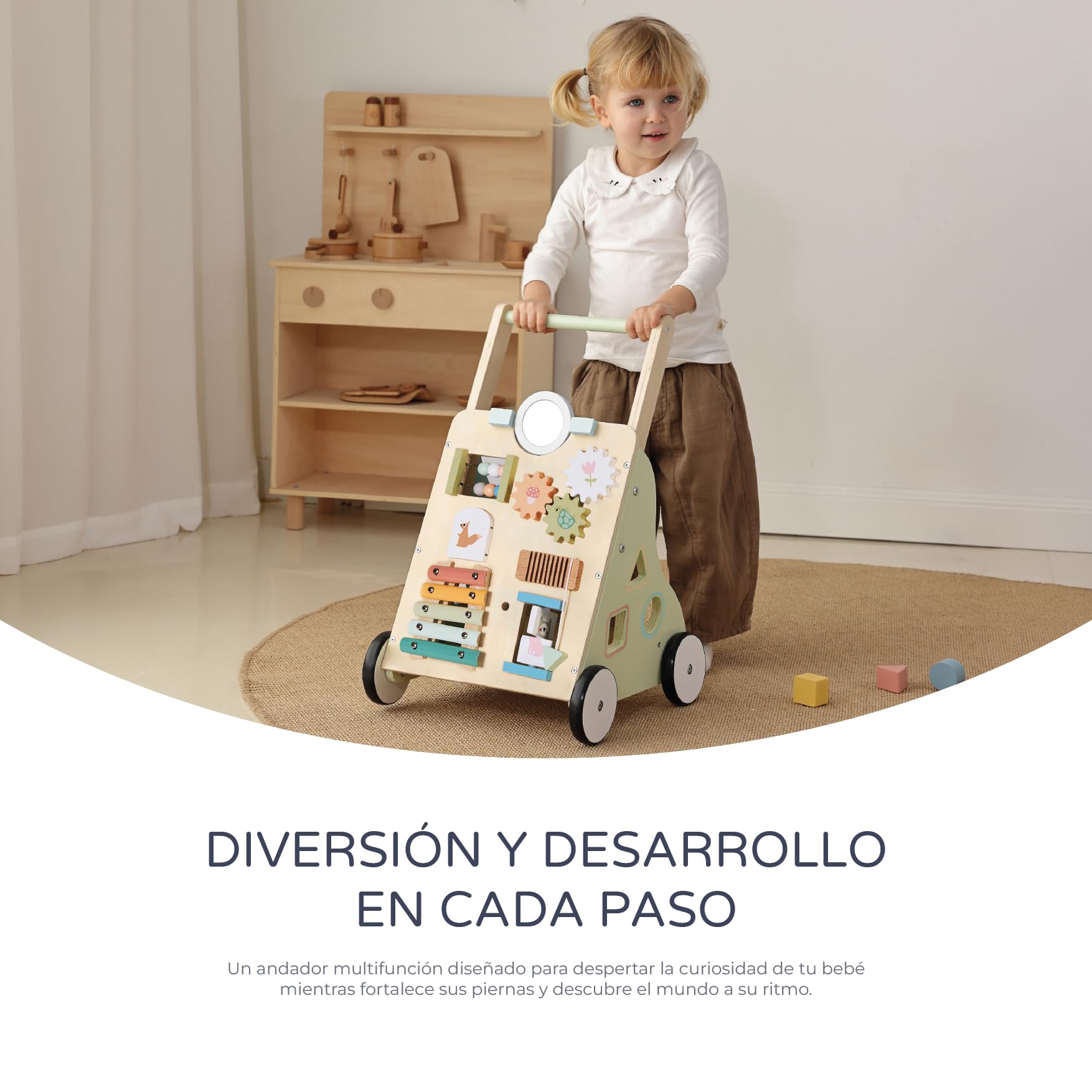 MS BabyWorld – Montessori Maxi – Andador de Madera para Bebé | Correpasillos con Juguetes y Actividades | Para Primeros Pasos | Desde +12 Meses