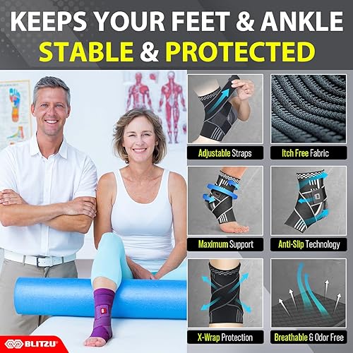Miniatura 3 de BLITZU Tobillera con correa de apoyo de compresión ajustable para tendinitis de Aquiles, alivio del dolor en las articulaciones. Envoltura de