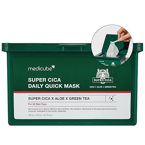 Medicube Super Cica - Mascarillas faciales diarias rápidas (30 hojas), mascarilla facial calmante e hidratante de 60 segundos con 88% de cia,