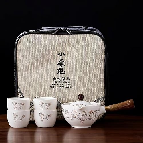 Miniatura 16 de Juego de té de viaje portátil de cerámica, juego de té chino de kungfu con tetera de rotación 360 e infusor, 4 tazas de té, bandeja de té y bolsa