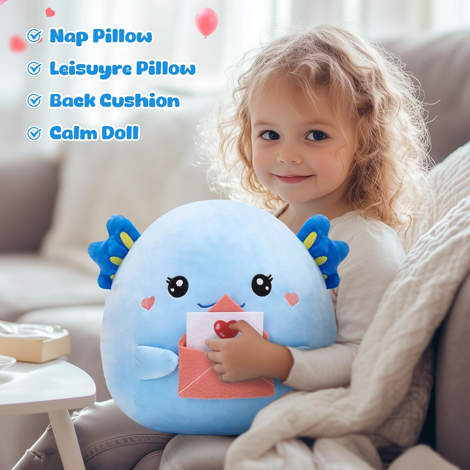 12 in Mother's Day Axolotl Plush Valentines, Original Stuffed Axolotl with Love Letter, Cute Blue Salamander Plushies Romantic Gifts for Mother's Day, Valentine's Day Anniversary Kids