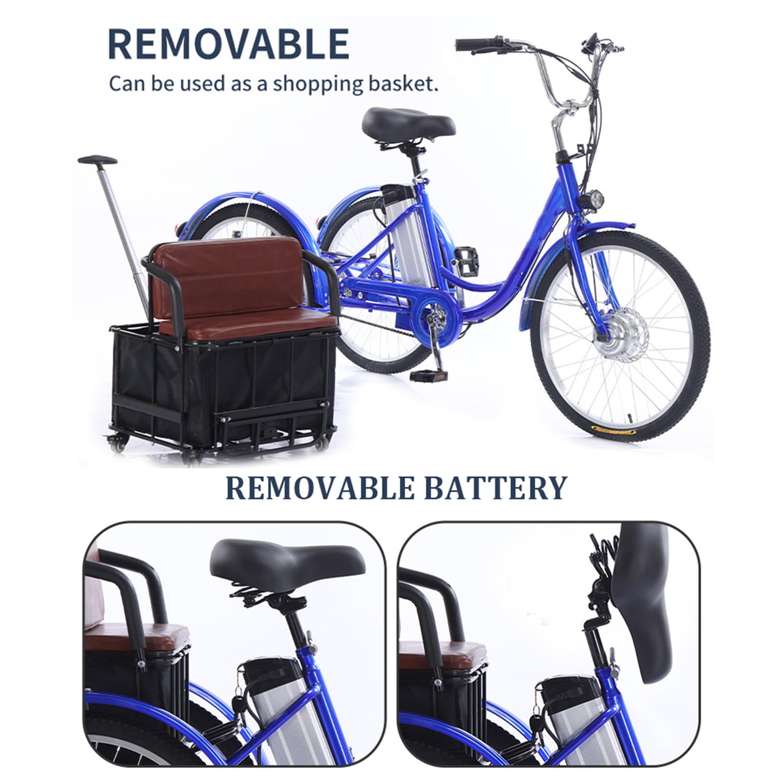 Triciclo elettrico per adulti da 24", triciclo tandem con seggiolino per bambini e cestino portaoggetti, freno sensibile, facile da affrontare in salita, portata massima 136 kg (300 libbre)