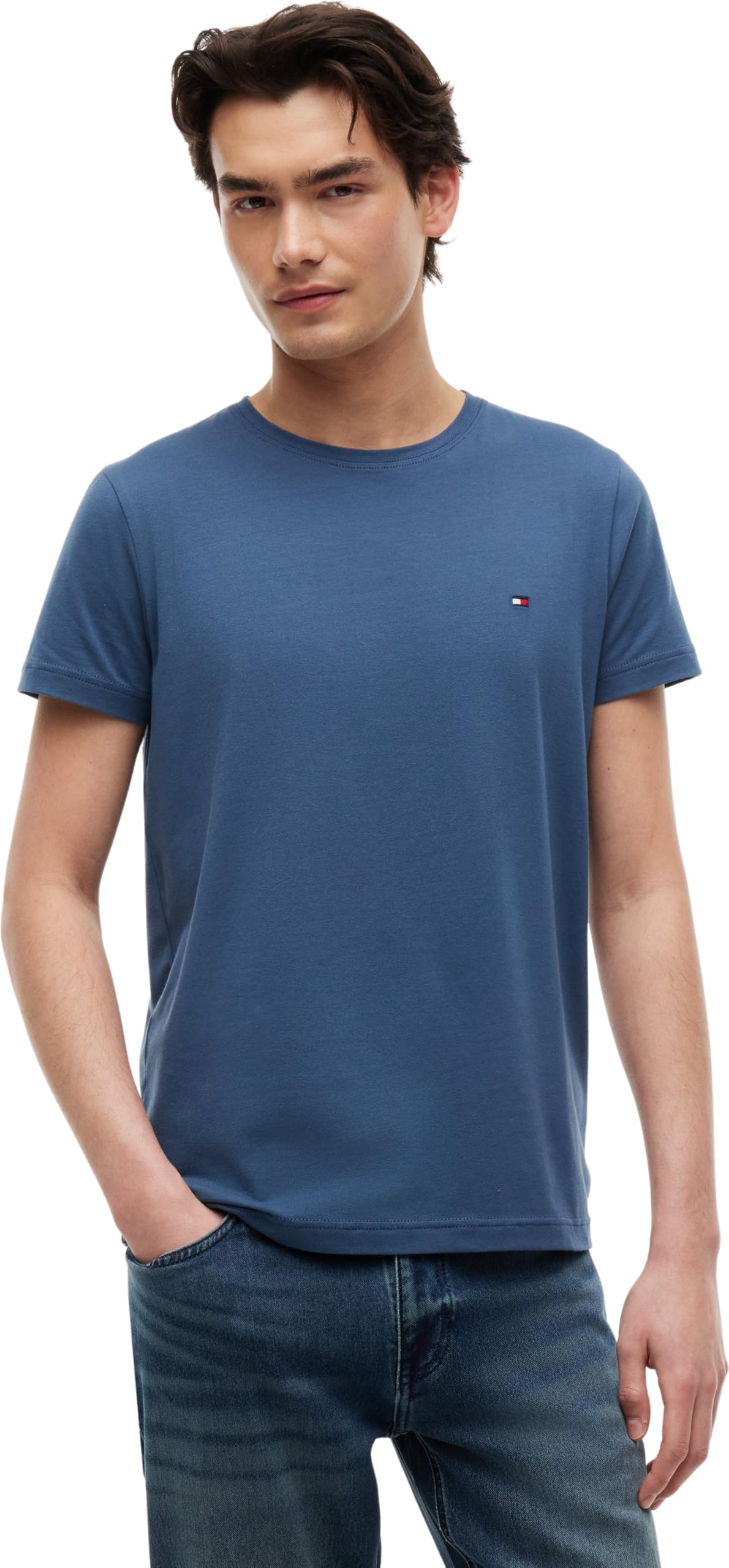 Tommy Hilfiger Men’s Short Sleeve Round Neck Slim Fit Stretch T-Shirt, Blue (Aegean Sea), M