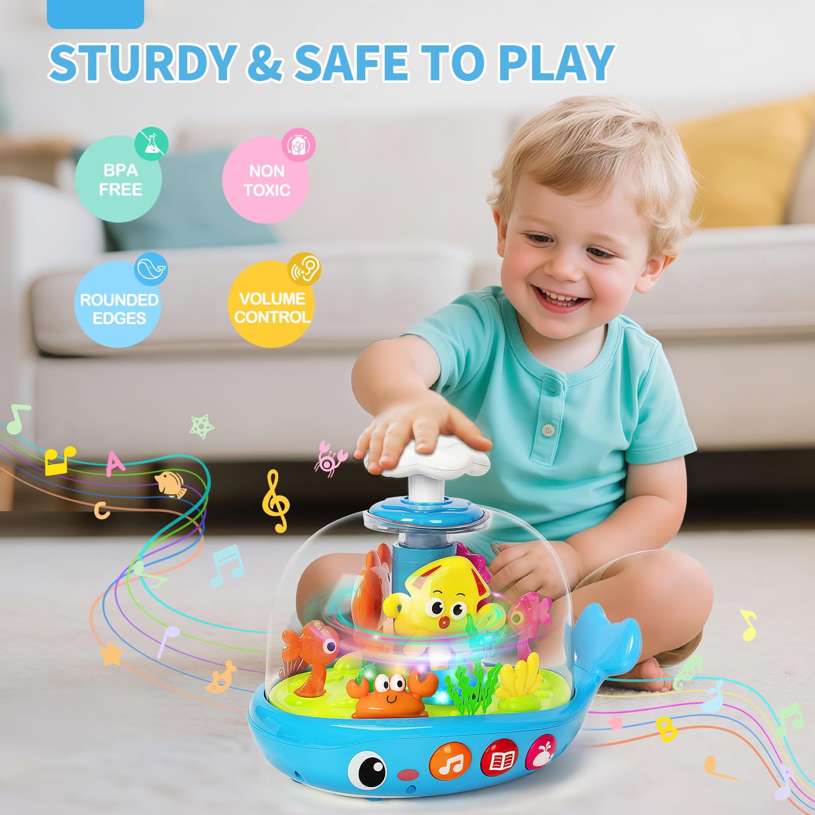 Baby Toys 6-12 Months, Musical Aquarium Infant Toys for 7 8 9 10 11 Months, Early Learning Educational Toy with Sound, Press Glow Spin for Cause and Effect, Christmas Birthday Gifts for Boy Girl