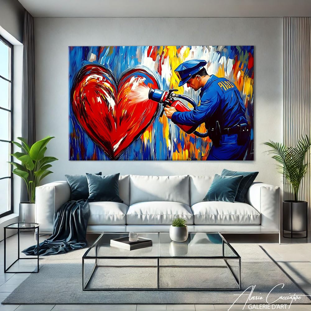 Alessio Cacciatore Quadro Polizia - Street Art Tela grande - Decorazione da parete a forma di cuore - Stampa su tela romantica - Decorazione da parete Street Art - Immagine romantica per camera da