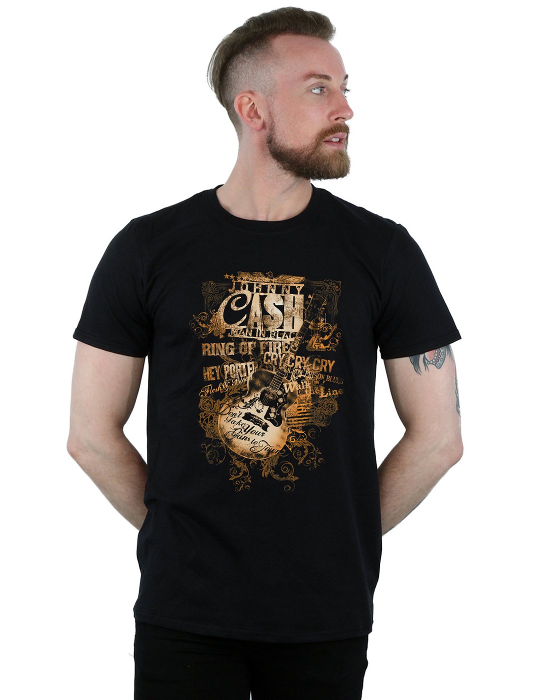Absolute Cult Men's Black Johnny Cash Guitar Song Titles T-Shirt Small