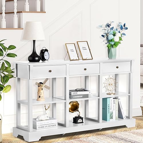 Miniatura 9 de Karl home Mesa consola con 3 cajones inferiores, mesa auxiliar de sofá de 57.9 pulgadas de ancho, escritorio de entrada con 3 cubos de Blanco,Negro