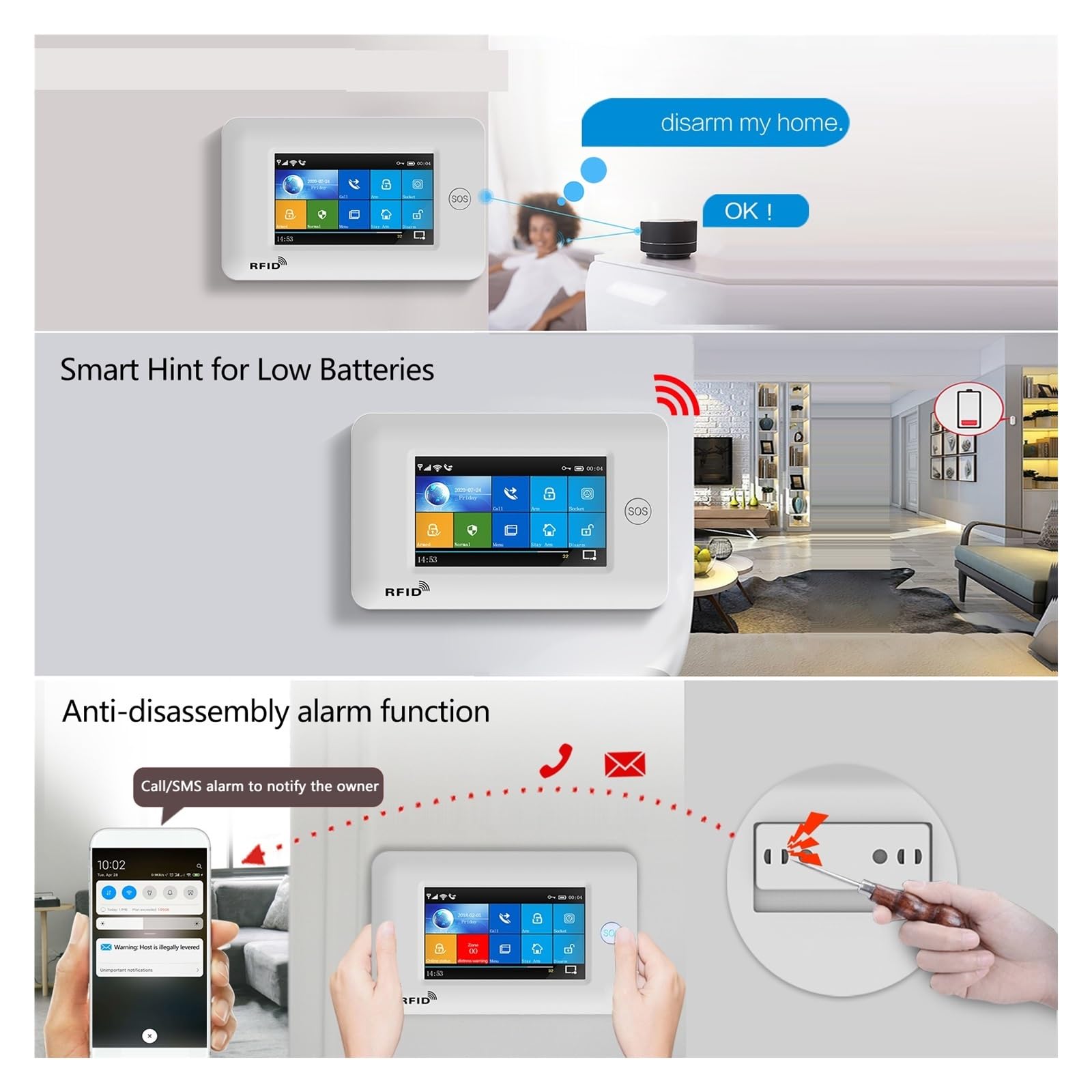 Sistema di Allarme di Sicurezza Domestica, gsm Smart Home Security di Allarme Wireless 433 MHz 4.3 Pollici Full Touch Screen Rilevatore Movimento Sensore Porta Fumo