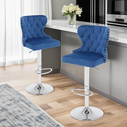 Miniatura 9 de Juego de 2 taburetes de bar giratorios ajustables, sillas tapizadas de piel sintética de altura de mostrador con respaldo alto y ribete de cabeza de