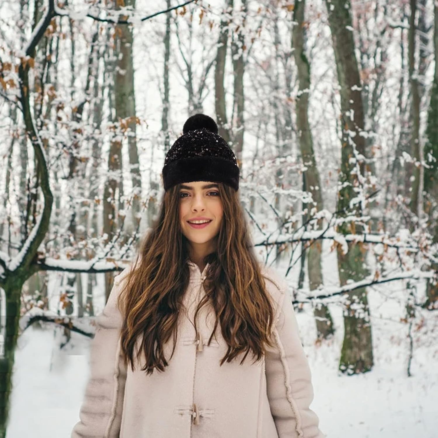 Women Sequin Knitted Beanie Hat with Faux Fur Pom-Pom Shiny Bling Skull Cap - Image 2