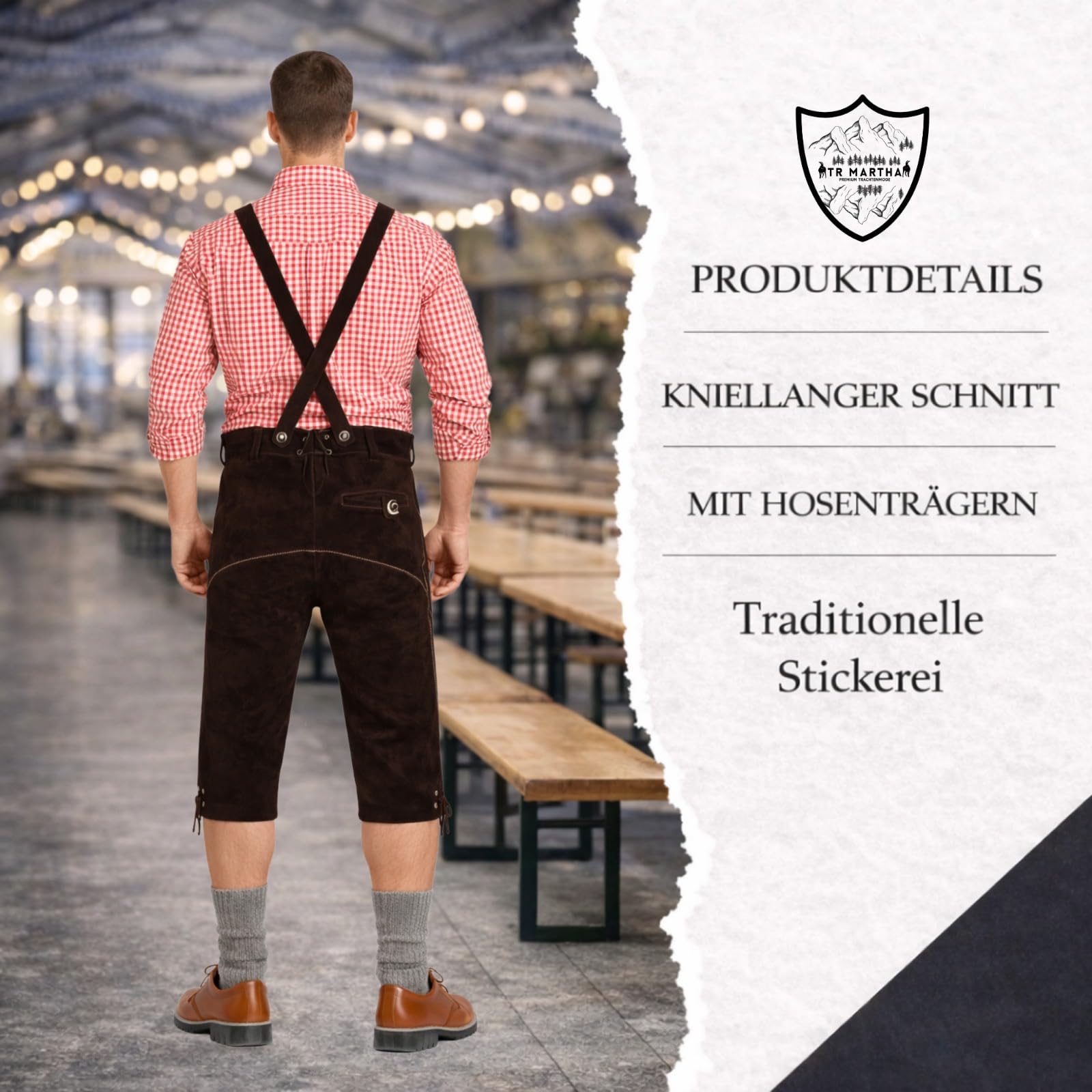 Premium Lederhose für Herren - Elegante Trachtenhose Gr.46-60 - Designer Lederhosen in 3 Farbvarianten (Hellbraun, Dunkelbraun, Schwarz) - 100% Rindsveloursleder
