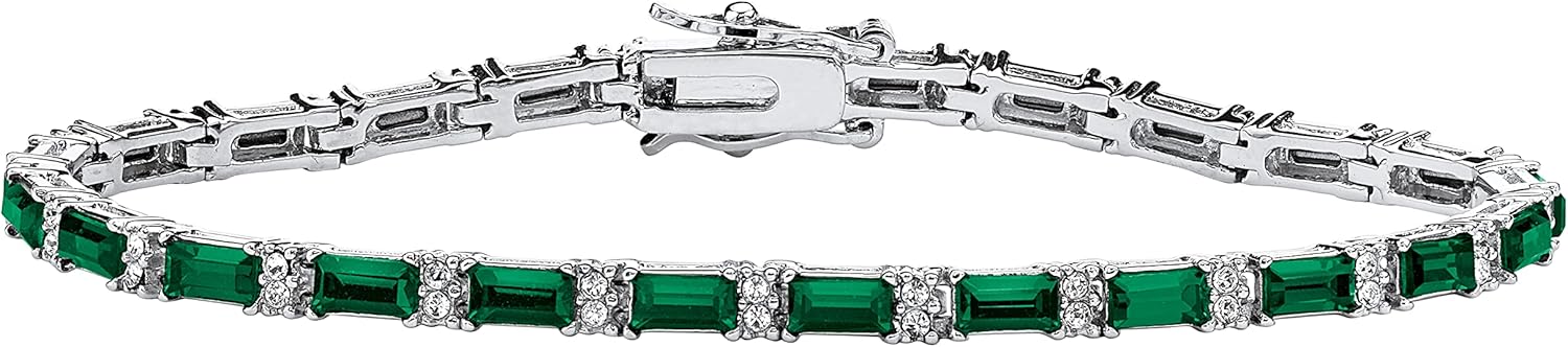 PalmBeach Silvertone Emerald Cut Simulated Birthstone Tennis Bracelet (3mm), Box Clasp, 7.5 inches