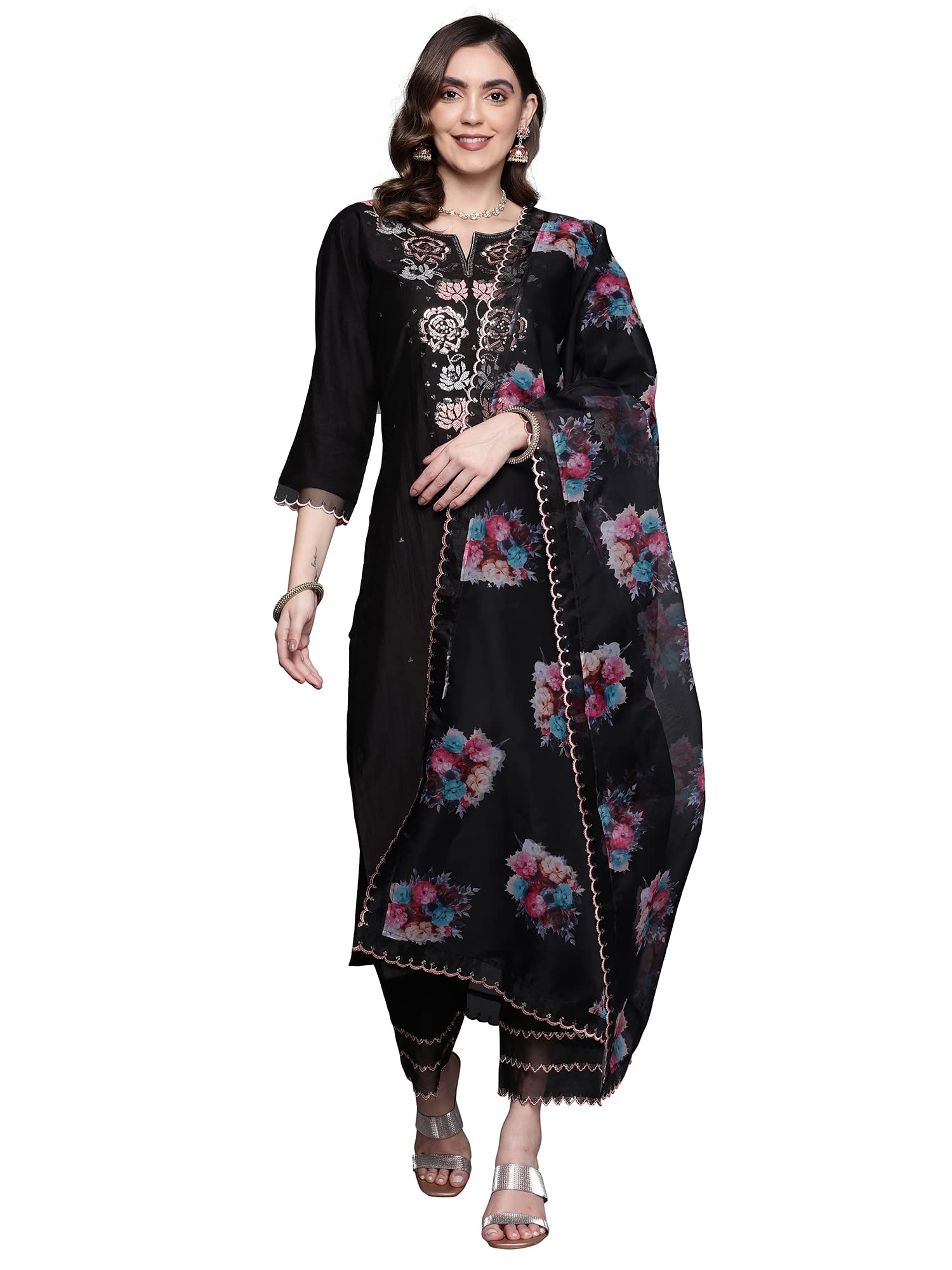 INDO ERAWomen's Viscose Embroidered Straight Kurta Pant With Dupatta Set