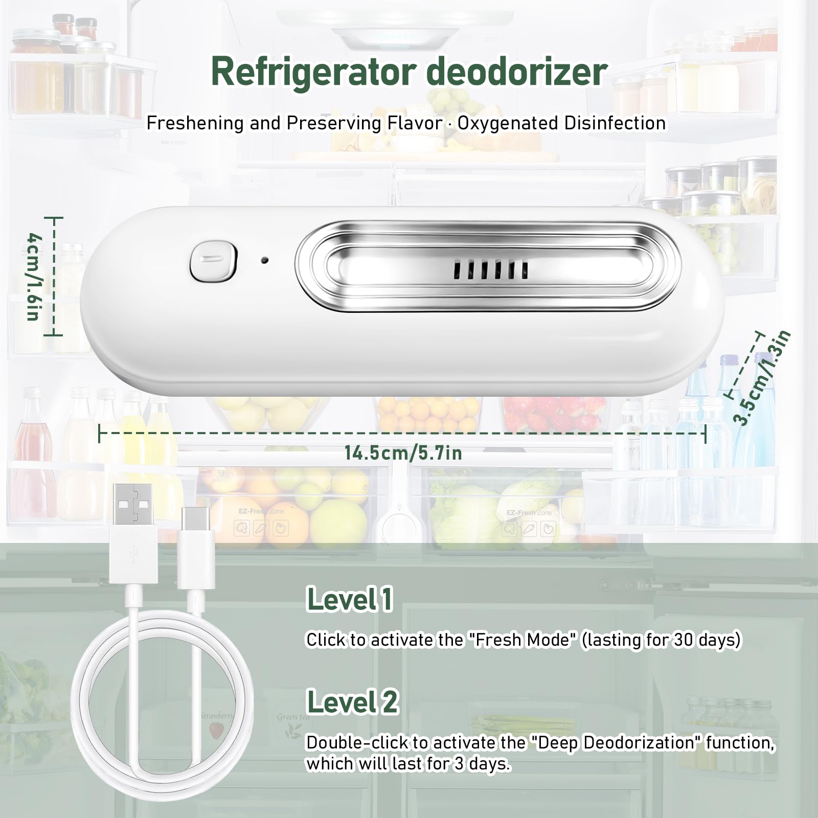 Ozoori odświeżacz powietrza do lodówki, aktywny oczyszczacz powietrza z technologią ozonową, działa przez USB, bez chemikaliów, bez filtra, podwójny tryb czyszczenia
