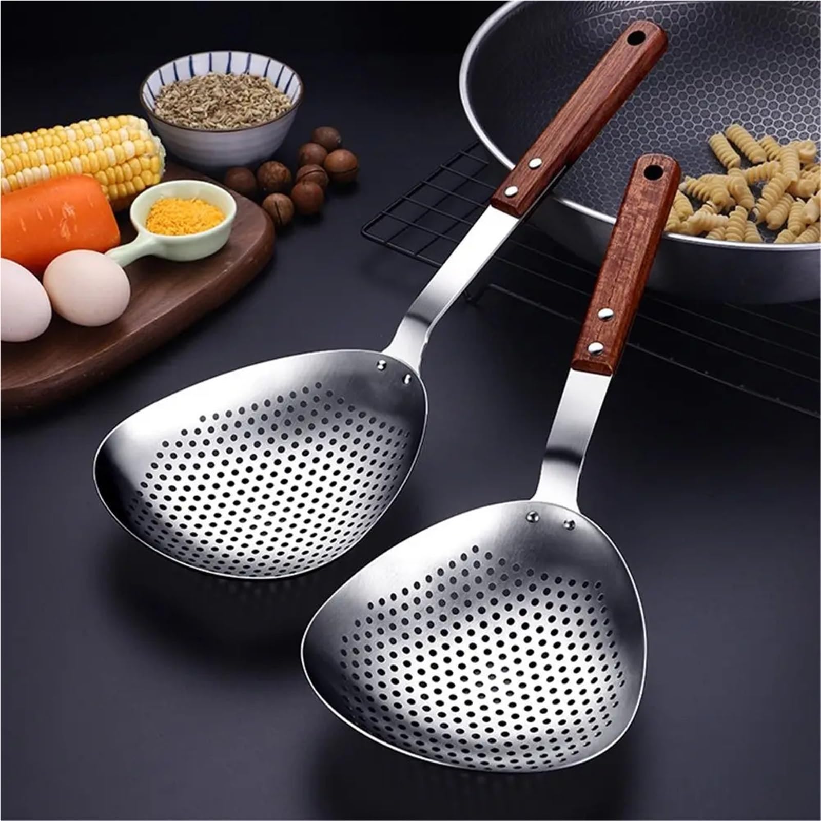 Espumadera Colador Spider 2 uds espumadera de acero inoxidable cuchara ranurada mango madera colador pasta antideslizante filtro cucharón grueso for cocina for freír alimentos(15 * 37cm)