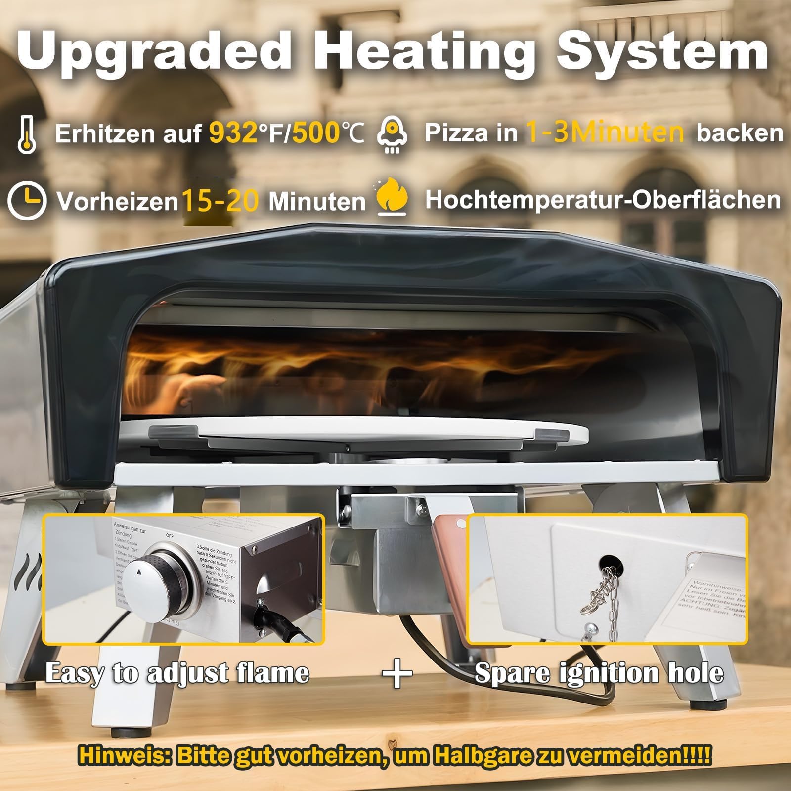 Pizzaofen Gas mit Drehfunktion 500 Grad 20 Zoll (50,8 cm) tragbarer Outdoor Gasofen mit Pizzastein
