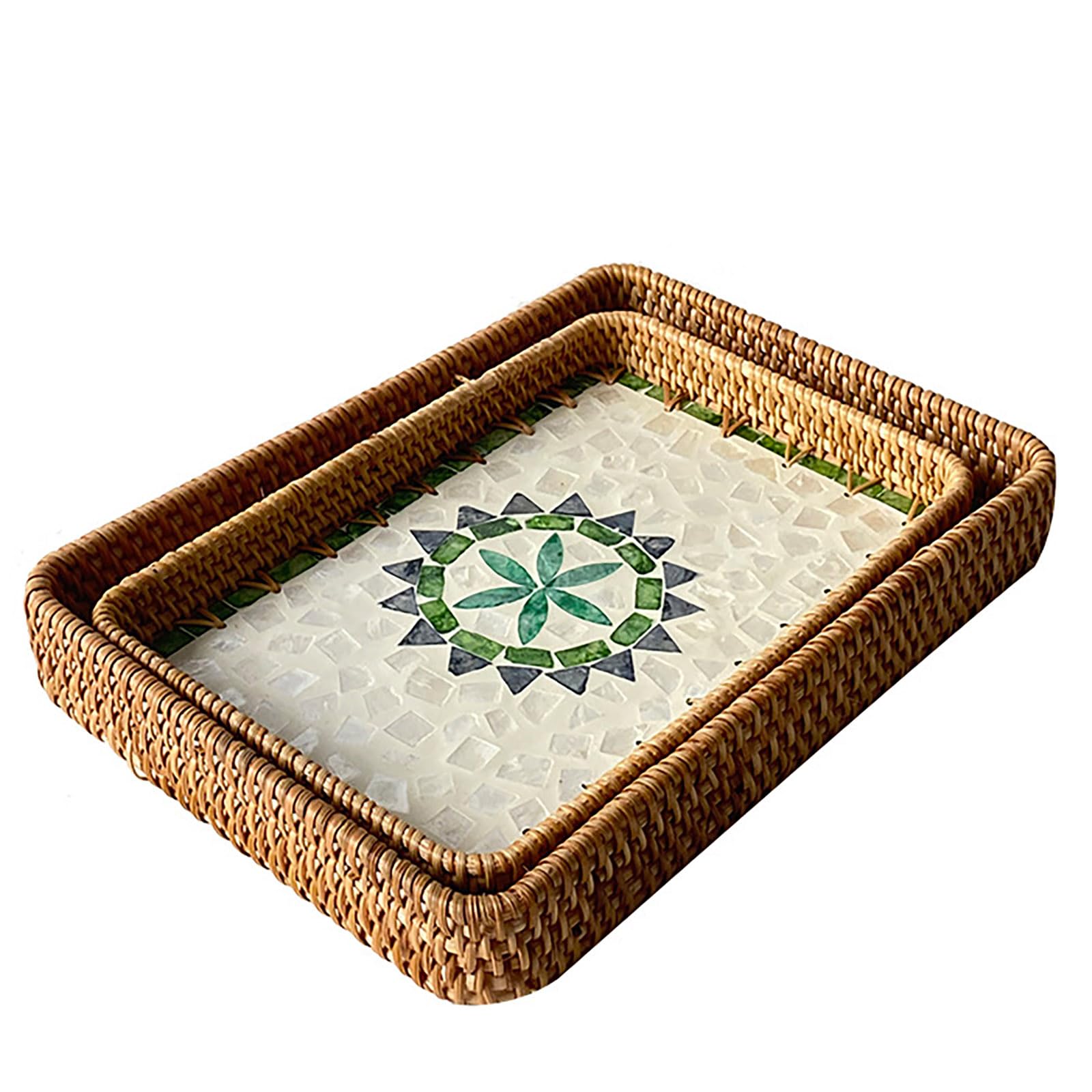Bandeja de ratán para servir con incrustaciones de nácar, bandeja rectangular de ratán, cesta de almacenamiento de mimbre, bandeja decorativa para decoración del hogar,Center of the circle-Set of 2
