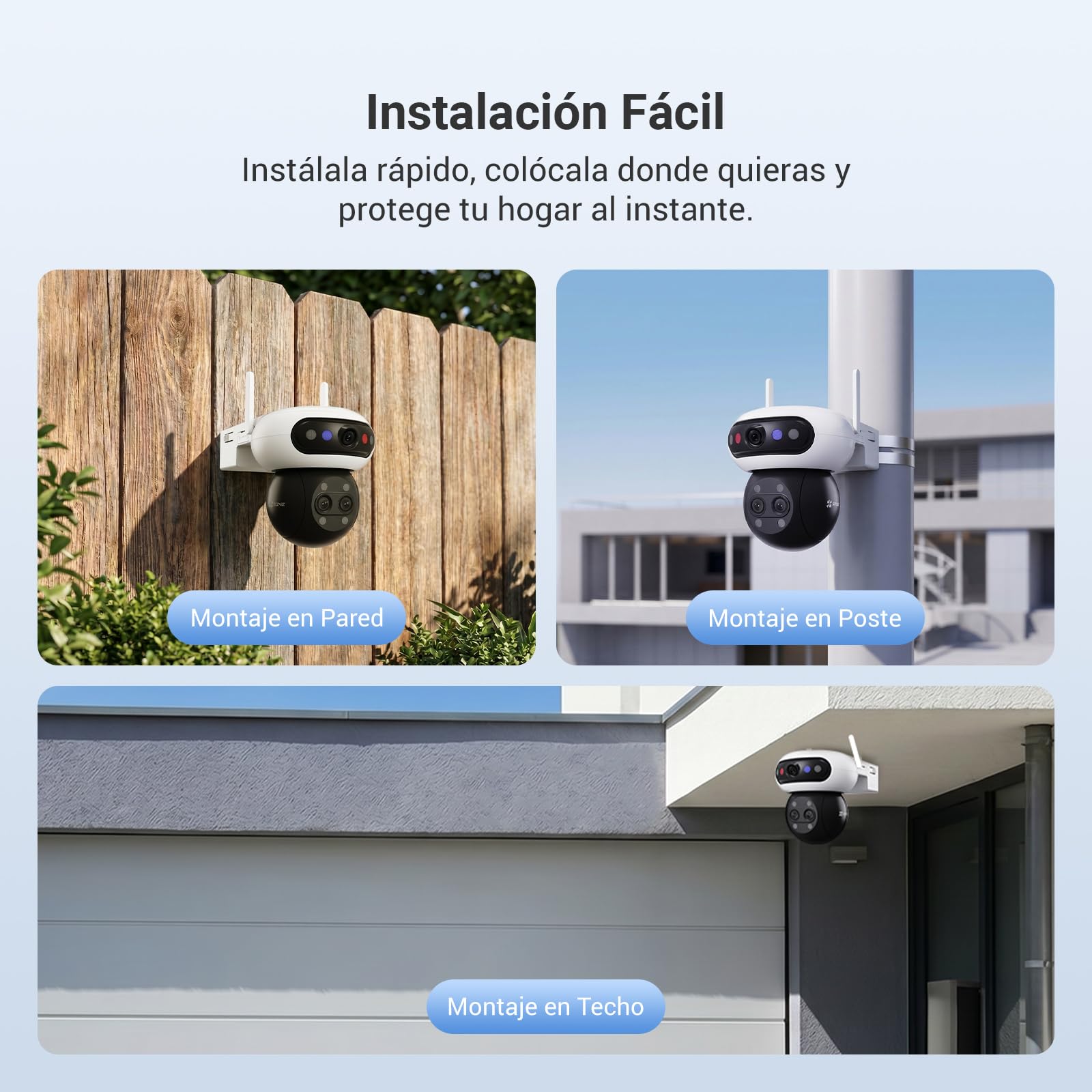 EZVIZ C90f Triple Cámara Vigilancia Exterior WiFi 6, 3K Cámara Triple Lente 360° con Zoom Mixto 12x, Motor Triple, Detección de Humanos/Vehículos IA, Reconocimiento Facial, Visión Nocturna en Color