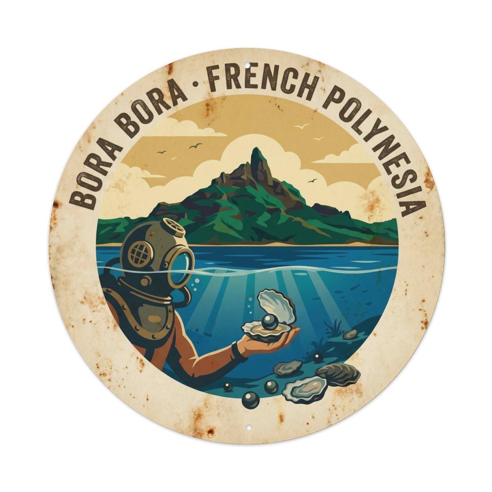 Olyhtr 8X8inch Classic Style Pearl Borabora Otemanu Lagoon Diver French Polynesia Metal Tin Sign