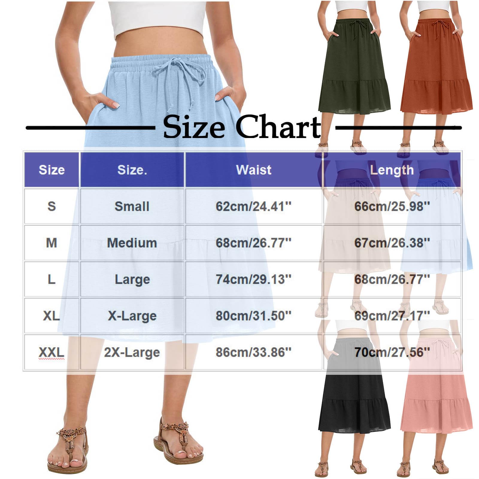 Women's Summer Boho Flowy Midi Skirt with Pockets Casual Elastic High Waist Tiered Long Skirts Ruffle A Line Skirts Light Blue