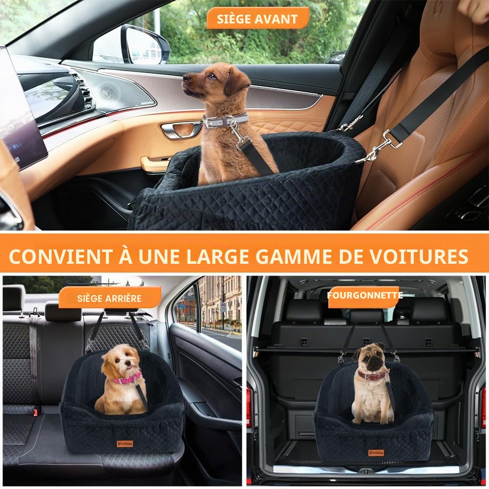 Vivifying Siège Auto pour Petit Chien, rehausseur Amovible et Lavable pour Animaux jusqu'à 11,3 kg - Lit de Voyage avec Compartiments de Rangement et Ceinture de sécurité (Noir)
