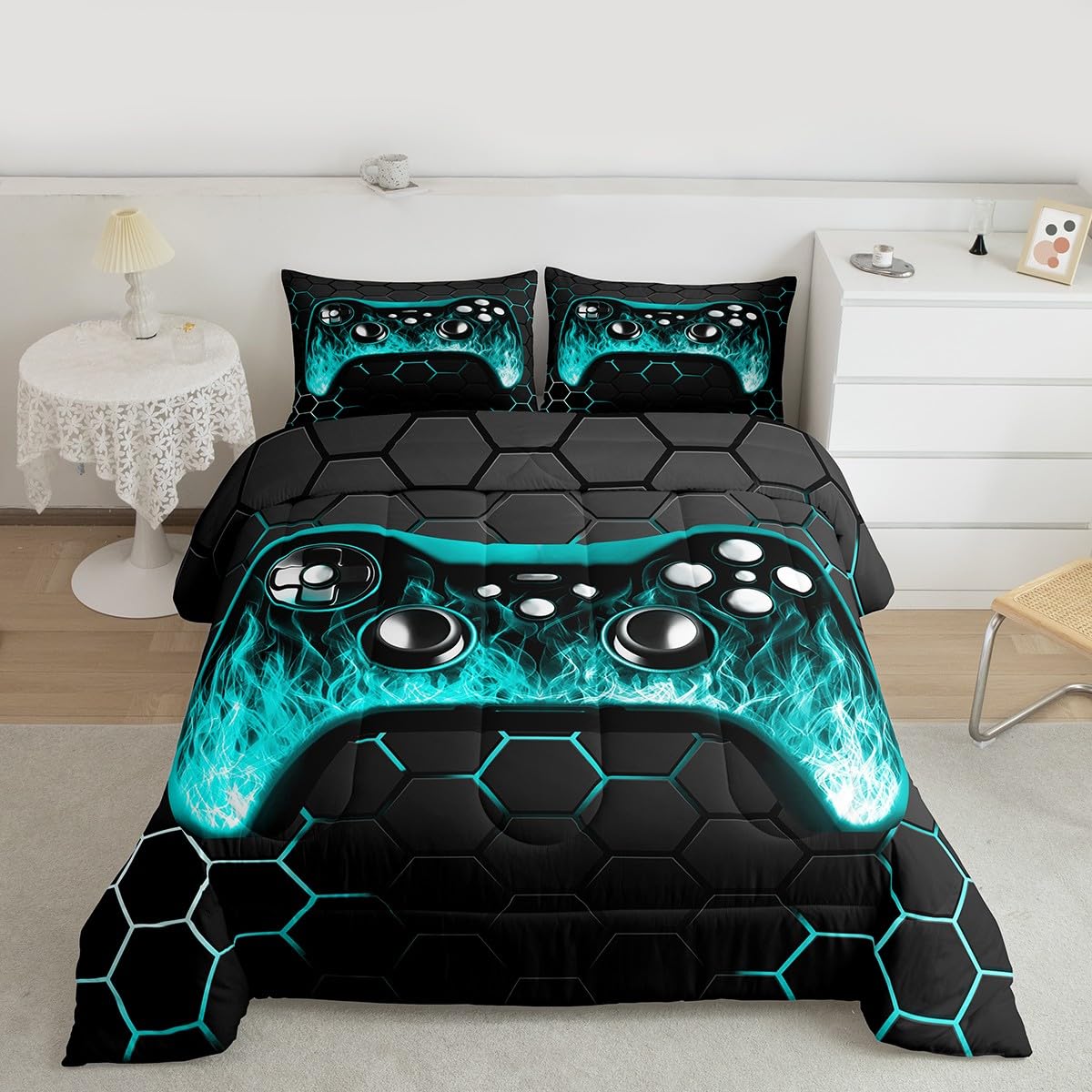 Erosebridal Juego de ropa de cama para niños, tamaño individual, juego de edredón de videojuegos para niños, decoración de habitación, ropa de cama de juegos, edredón geométrico azul y negro con