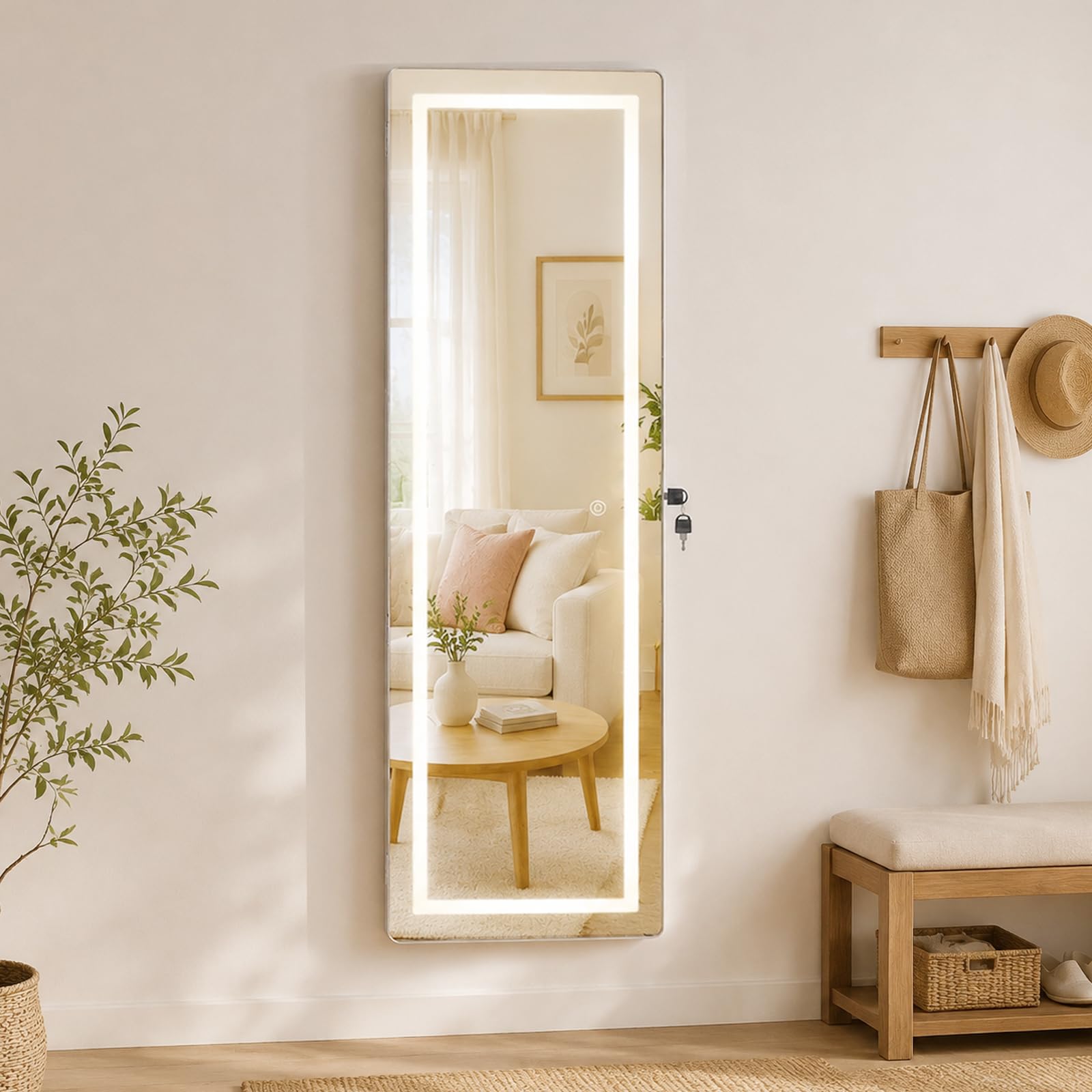 Schmuckschrank，Spiegelschrank, Schmuckschrank mit Spiegel & Touchscreen-LED-Licht, Wandschrank, Wandmontage, an der Tür hängend, Schmuck-Organizer für Ohrringe, Halsketten, Ringe (Weiß, 110x30cm)