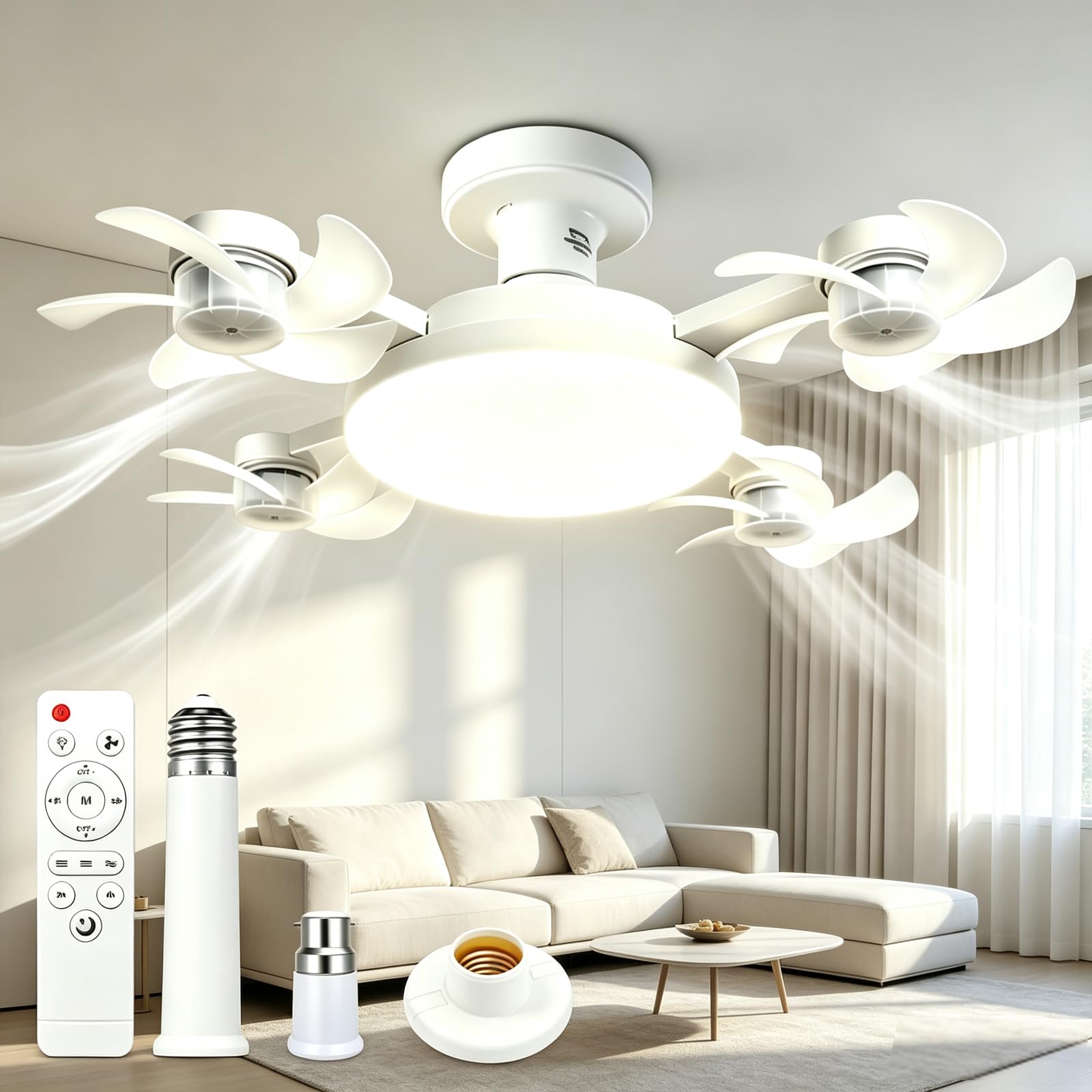 ANBTUKJ Ceiling Fan with Lights Remote Control, 4heads 60W 50cm 2-in-1 E27 Socket & B22 Bayonet, 3 Speeds Dimmable with 2H/4H Timer, Quiet Sleep for Bedroom Living Room