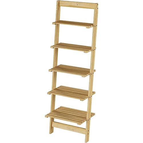 5-Tier Ladder Shelf - Wooden Narrow Leaning Bookshelf for Bedroom, Living Room, Bathroom, Kitchen, or Office Shelving - Furniture by Lavish Home (Oak)