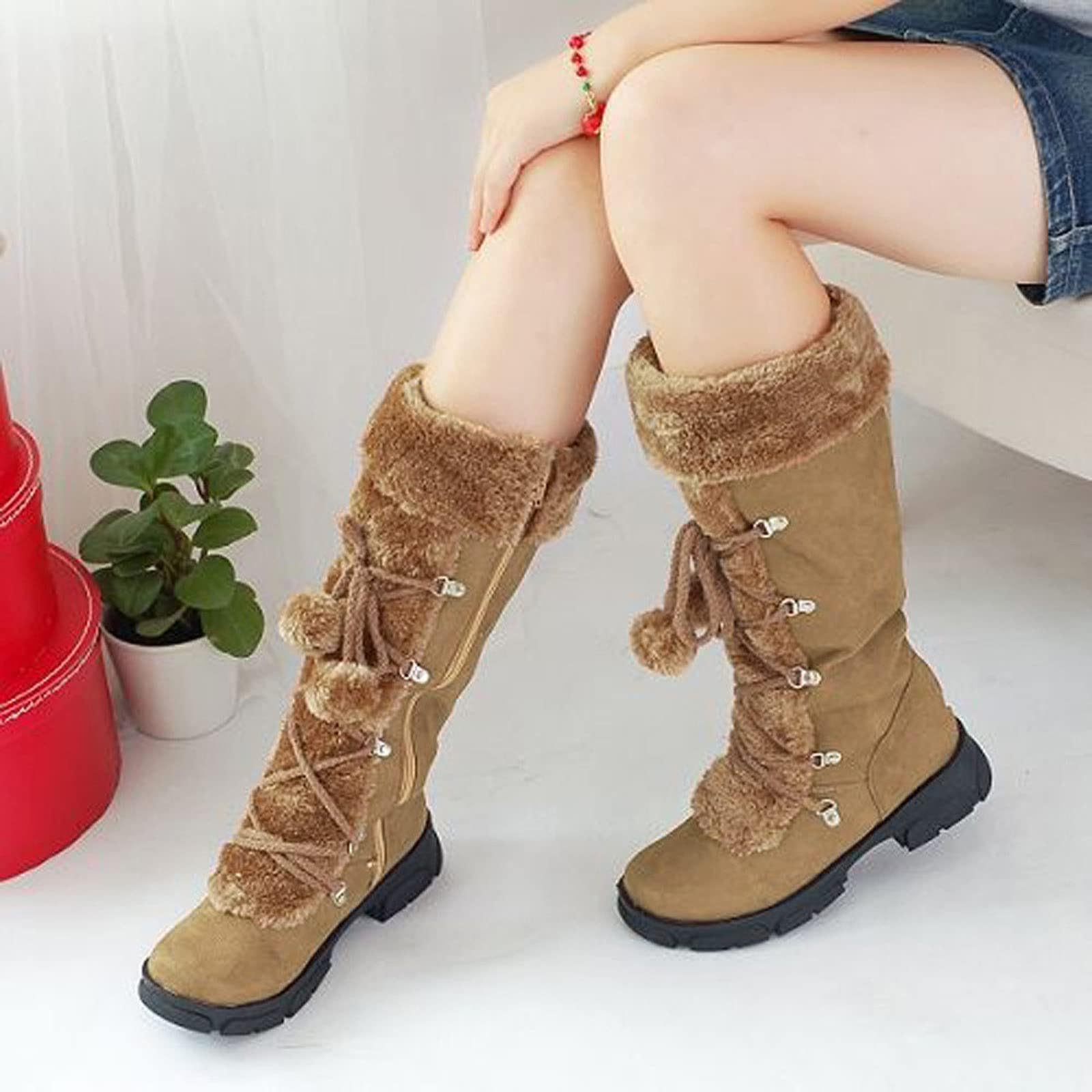Bottes de neige chaudes et confortables pour femme - Talon bas et épais - Fermeture éclair latérale - Antidérapantes - Doublure en fausse fourrure - Confortables - À lacets - Pour l'extérieur et
