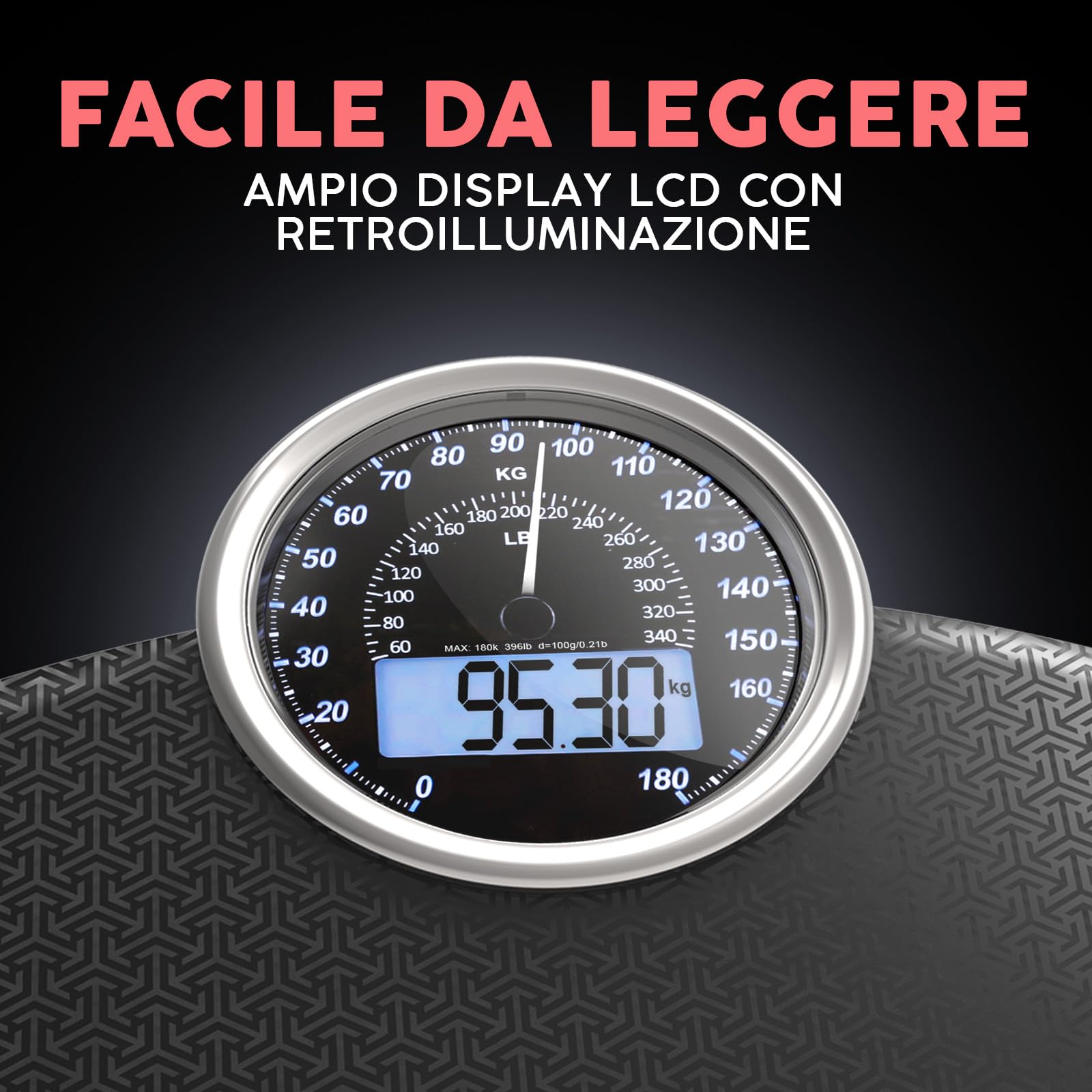 Hybrid Bilancia Pesapersone - Analogica & Digitale, Precisa fino a 180 kg | Leggete il peso su quadrante analogico e LCD insieme. Piattaforma larga, 3 batterie AAA incluse, pronta all'uso.
