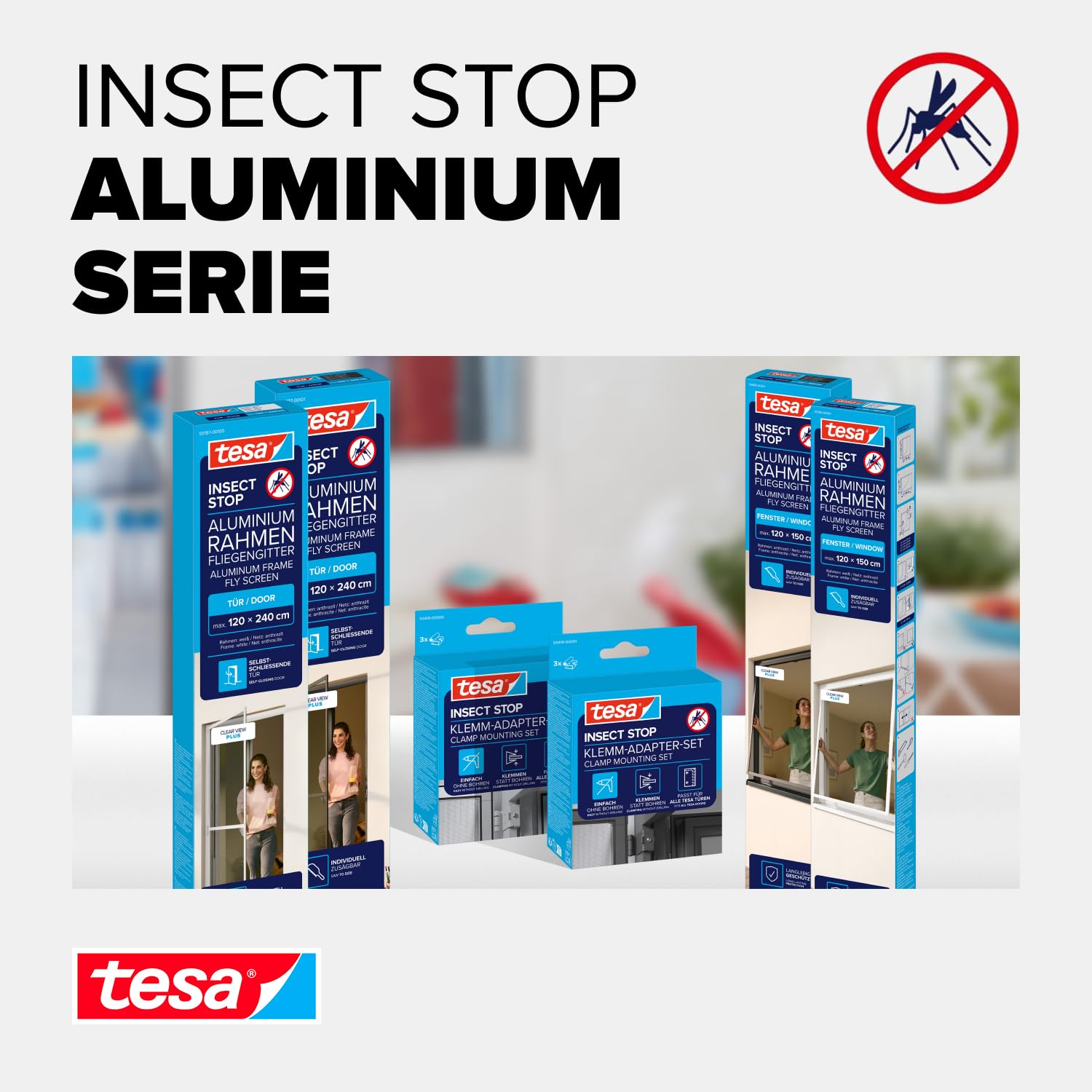 tesa INSECT STOP Aluminium-Rahmen Fliegengitter Tür 120 x 240 cm Weiß | Langlebiges Fliegengitter mit Clear-View-Gewebe, Aluminium-Rahmen, Selbstschließfunktion und 30 % schnellerem Aufbau