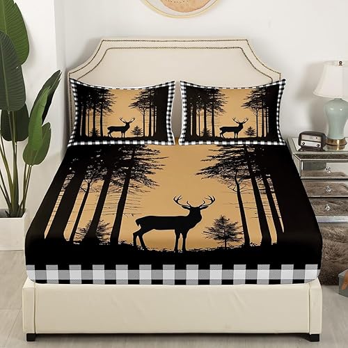 Miniatura 10 de Erosebridal Sábana bajera ajustable para campamento para niños, diseño de oso de ciervo, juego de sábanas de retazos a cuadros rústicos de búfalo