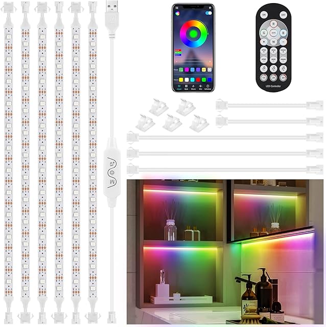 HUEMIHUI Colour Changing LED Strip Lights 3m, 6 Pcs 50cm Dream Colour Under Cabinet Lights with Remote, Music Sync LED Lights with App Control, USB LED Strips for Cabinets Kitchen Counter(6*50cm)