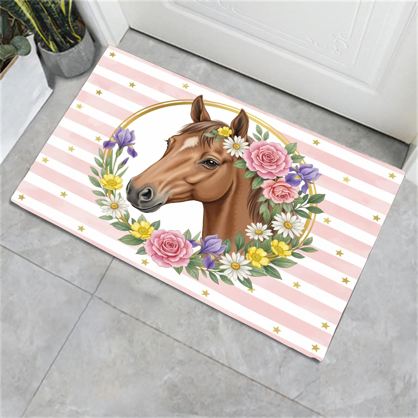 Paillasson cheval aquarelle pour couloir et patio grand tapis d'intérieur fleuri rose