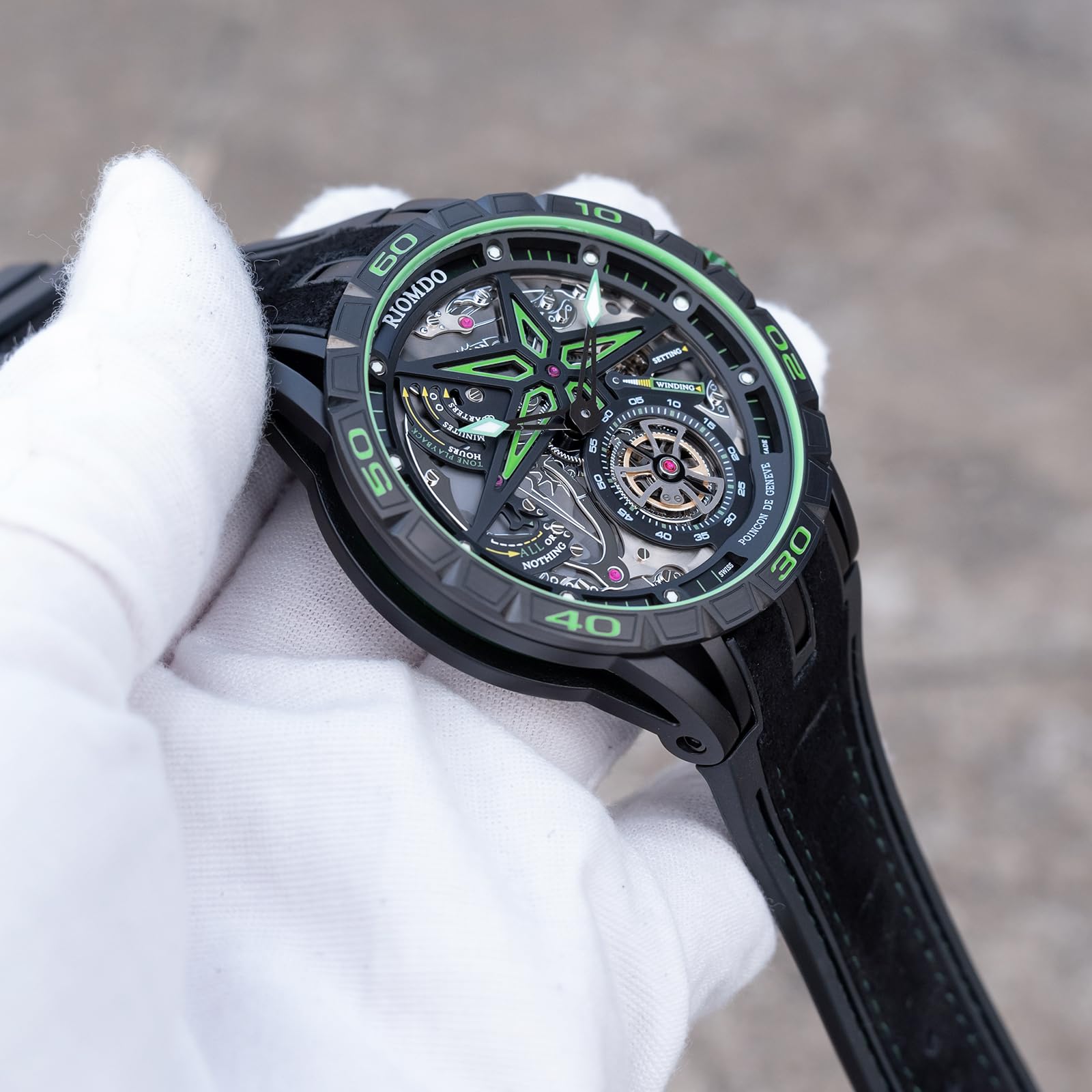 OBLVLO Męski szkielet mechaniczny zegarek, obudowa ze stali nierdzewnej 316L, szara gumka, duża tarcza, wodoodporny, styl wojskowy, model RD-905