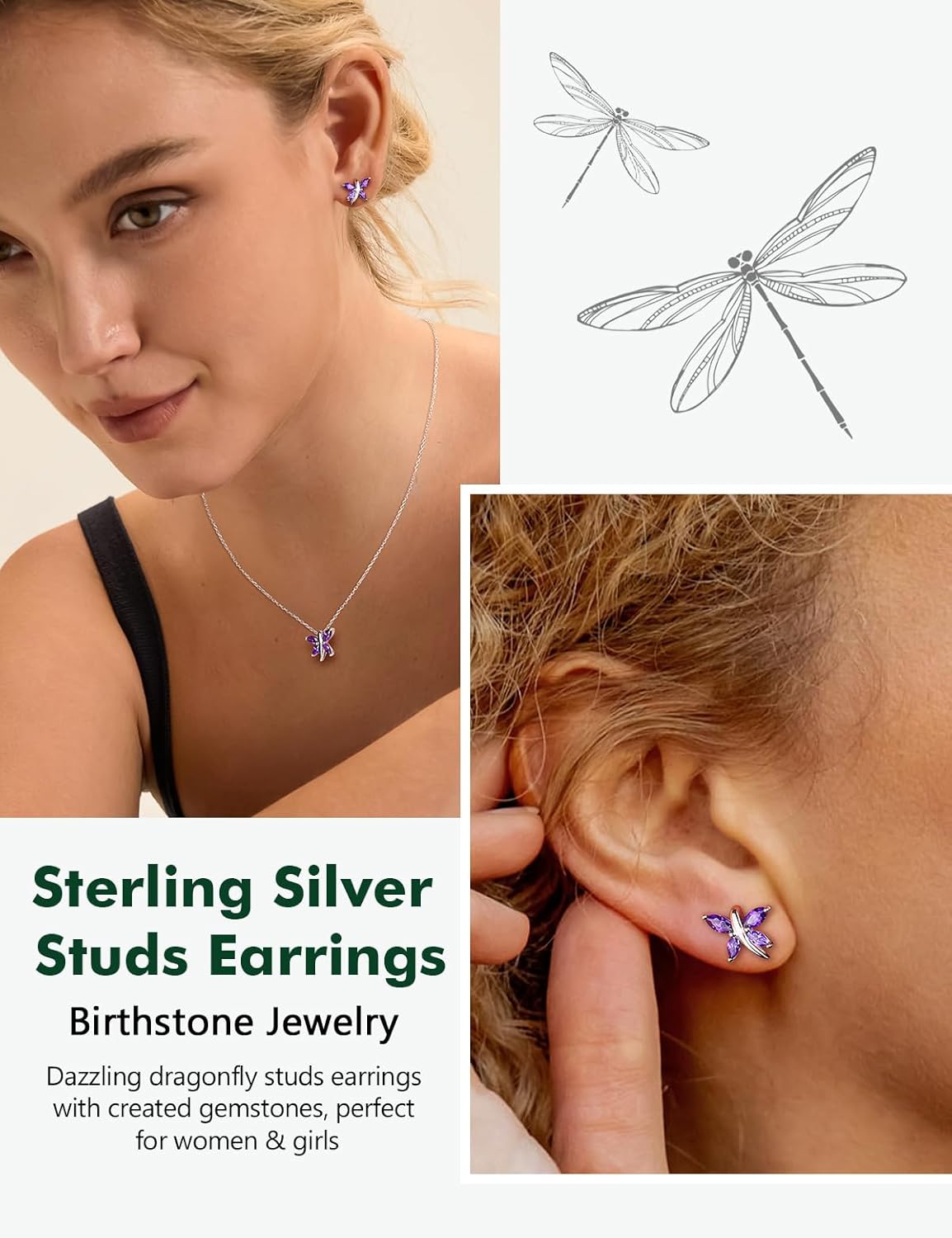 925 Sterling Silver Dragonfly Stud Earrings for Women Trendy Dainty Cute Earrings Ruby/Sapphire/Emerald Gemstone Studs Birthstone Anniversary Jewelry - Image 3