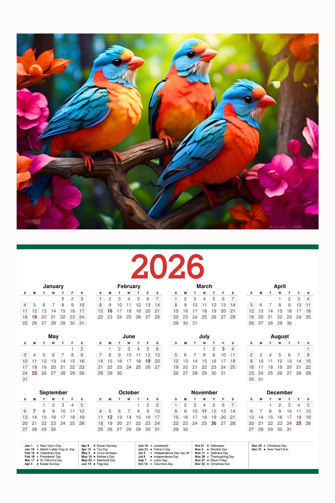 2026 Wall Calendar with Tropical Birds, 12 x 18 Inches, Self-Adhesive, 300 GSM Art Paper, Laminated Finish, Multi-Color Print with Holiday Markings-image-2